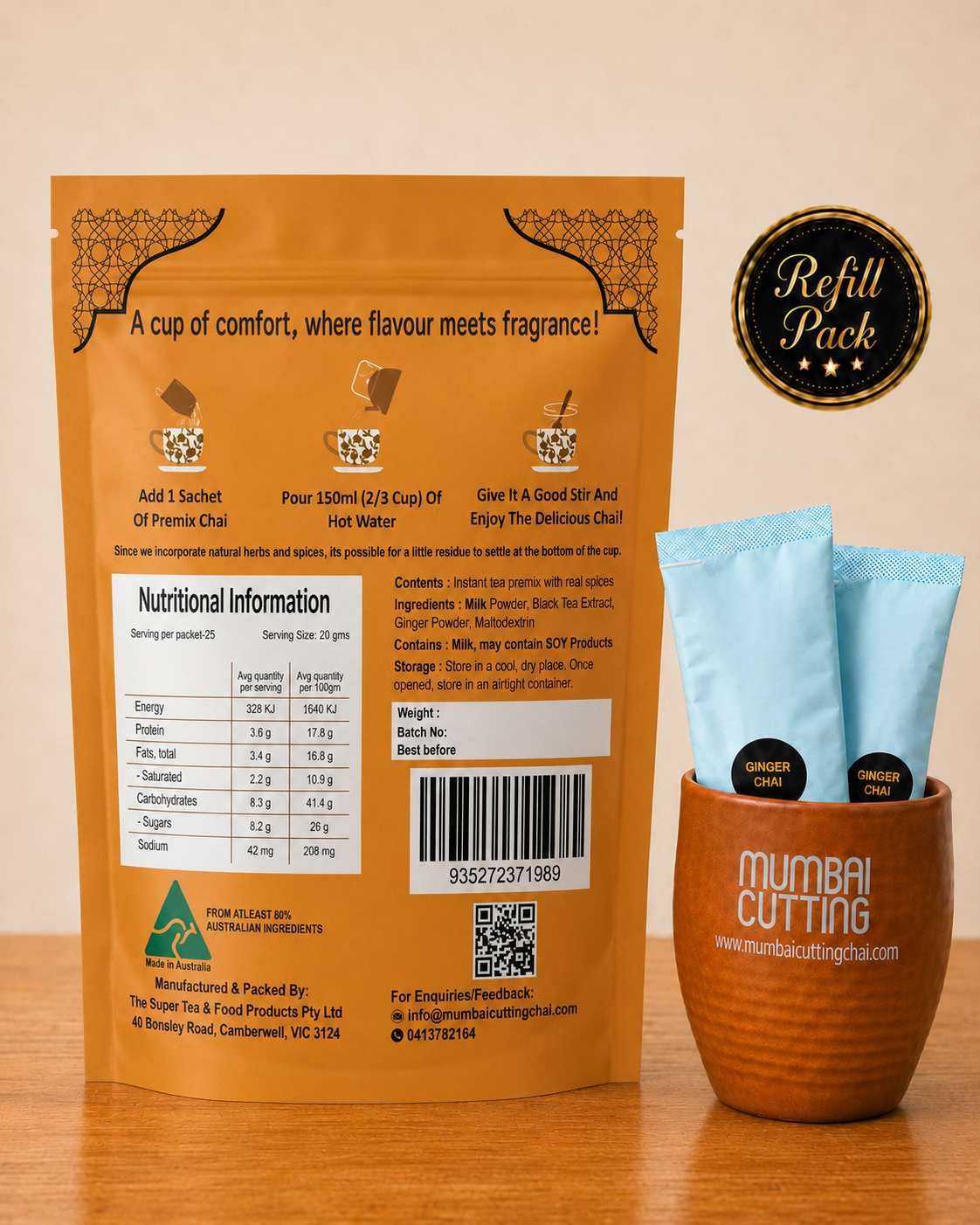 Ginger Chai Premix Refill Pack 25 sachets -No Added Sugar