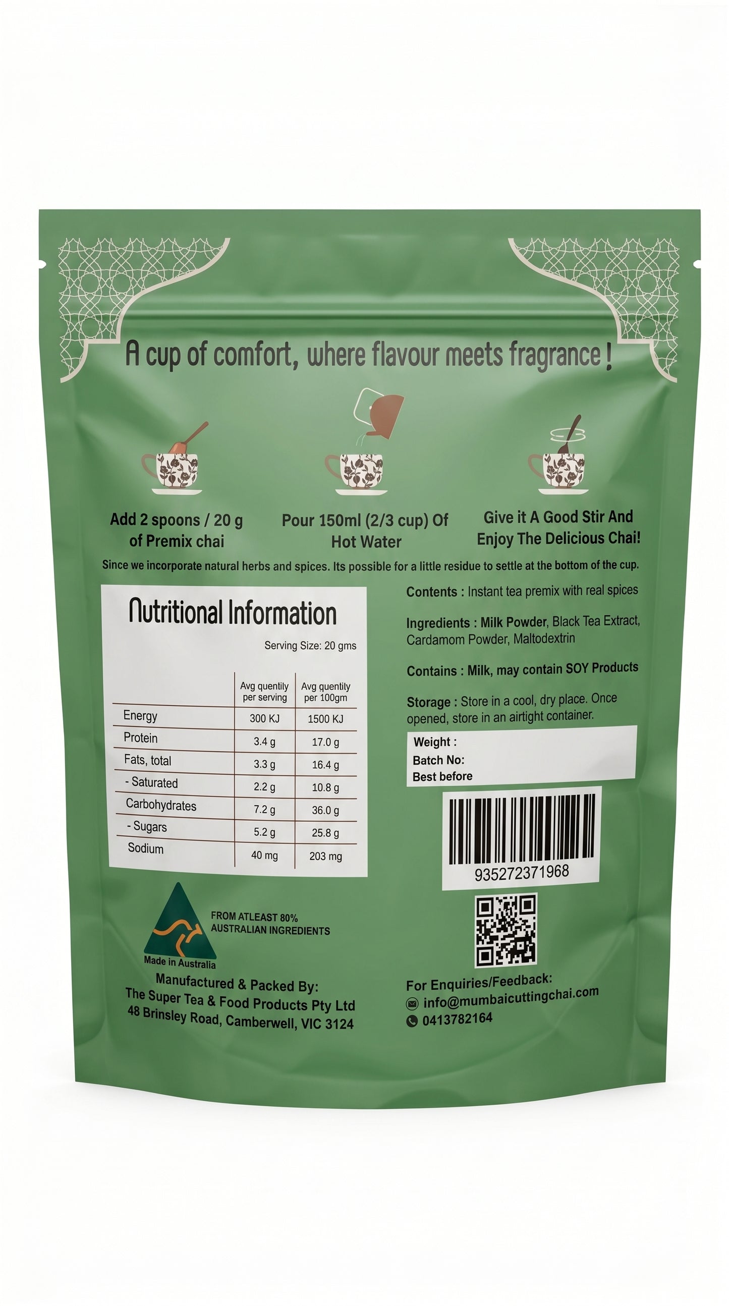 Cardamom Chai Premix 1kg - No Added Sugar